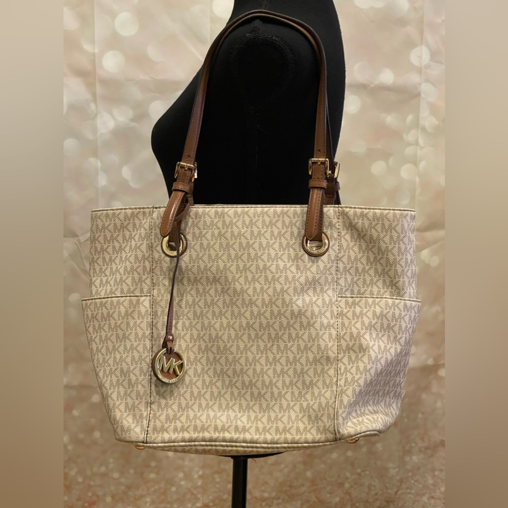 Michael Kors Beige Signature Tote with Brown Leather Straps